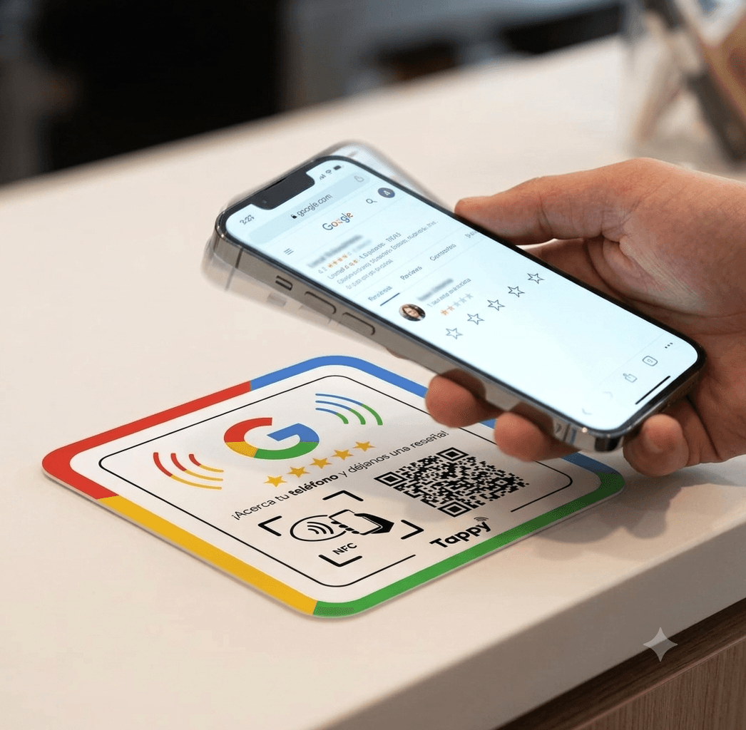 Cliente acercando su teléfono al stand NFC Tappy de Google Reviews