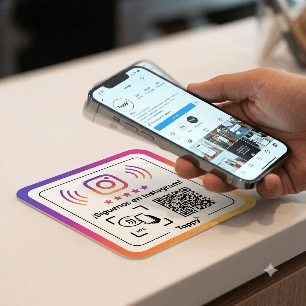 Cliente acercando su teléfono a la placa NFC Tappy de Instagram